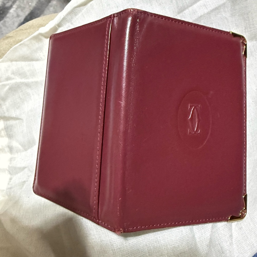 Vintage Must de Cartier Bordeaux Leather Card Holder-Gold Corner Made in France